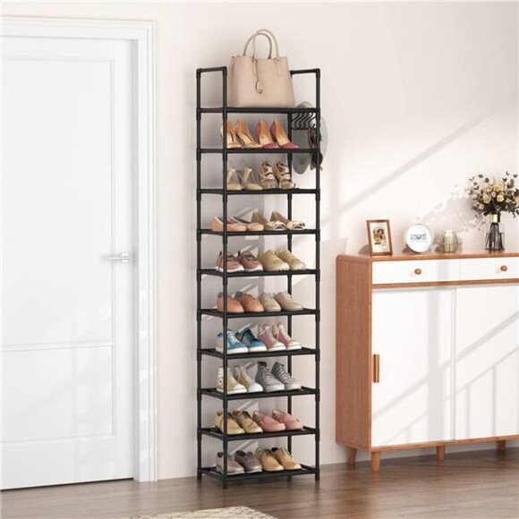 Tall Narrow Shoe Rack 10 Tier Organizer Shelf Holds 25 Pairs Black Storage - Picture 2 of 5